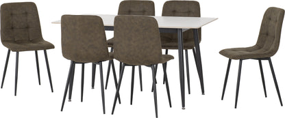 Fenton Dining Set (6 Chairs) - White Marble Stone Effect/Olive Green Suede Fabric