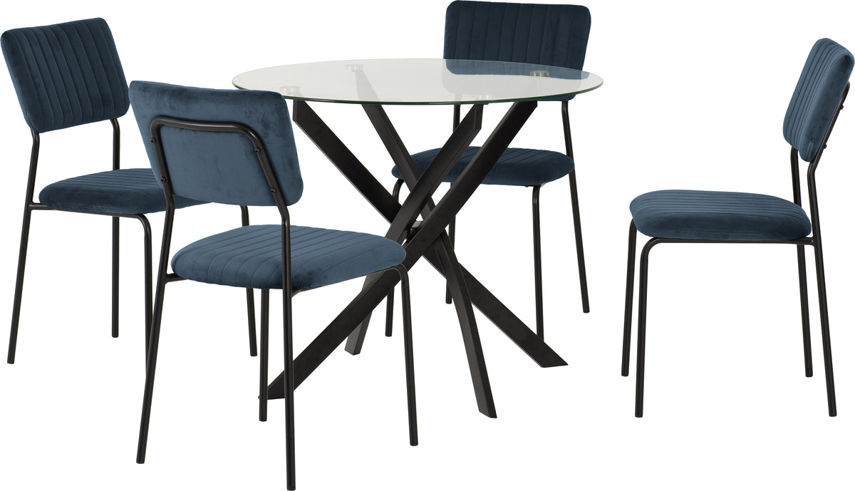 Sheldon Round Glass Top Dining Set - Clear Glass/Black/Navy Blue Velvet Fabric