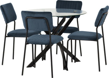 Sheldon Round Glass Top Dining Set - Clear Glass/Black/Navy Blue Velvet Fabric