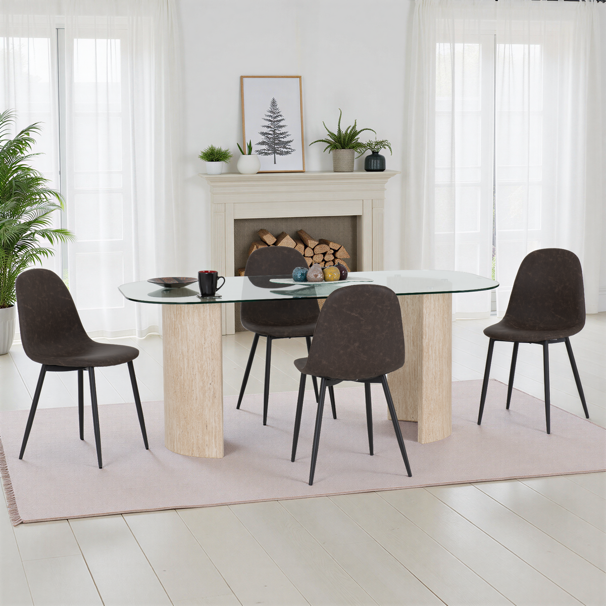 Modena Dining Set with Athens Chairs - Clear Glass/Cream Marble Effect/Brown Faux Leather