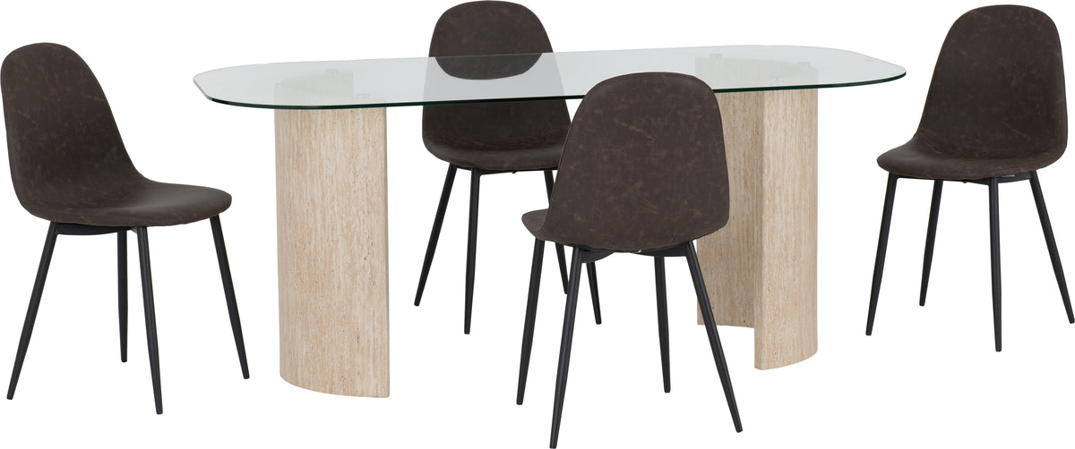 Modena Dining Set with Athens Chairs - Clear Glass/Cream Marble Effect/Brown Faux Leather