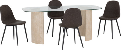 Modena Dining Set with Athens Chairs - Clear Glass/Cream Marble Effect/Brown Faux Leather