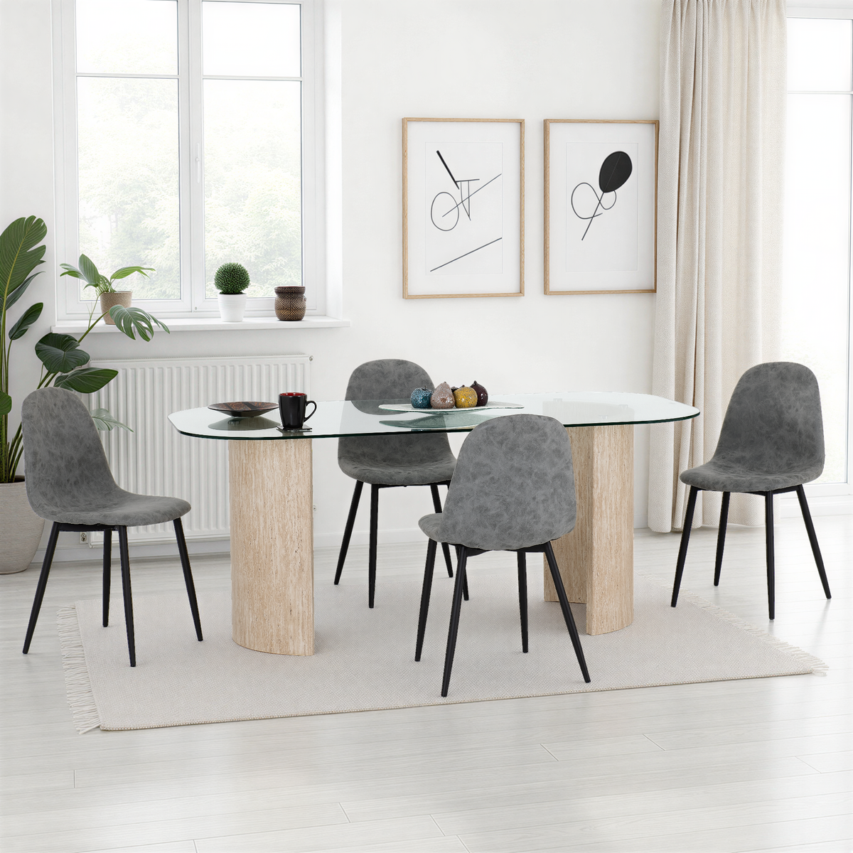 Modena Dining Set with Athens Chairs - Clear Glass/Cream Marble Effect/Grey Faux Leather