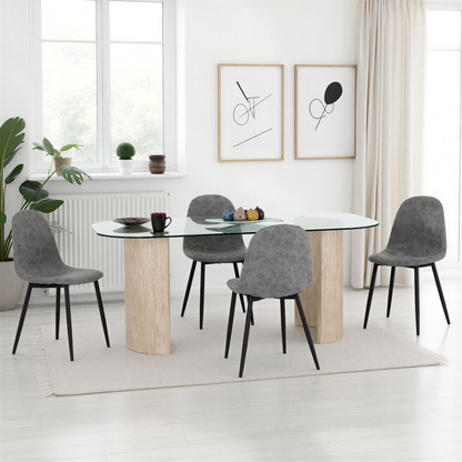Modena Dining Set with Athens Chairs - Clear Glass/Cream Marble Effect/Grey Faux Leather
