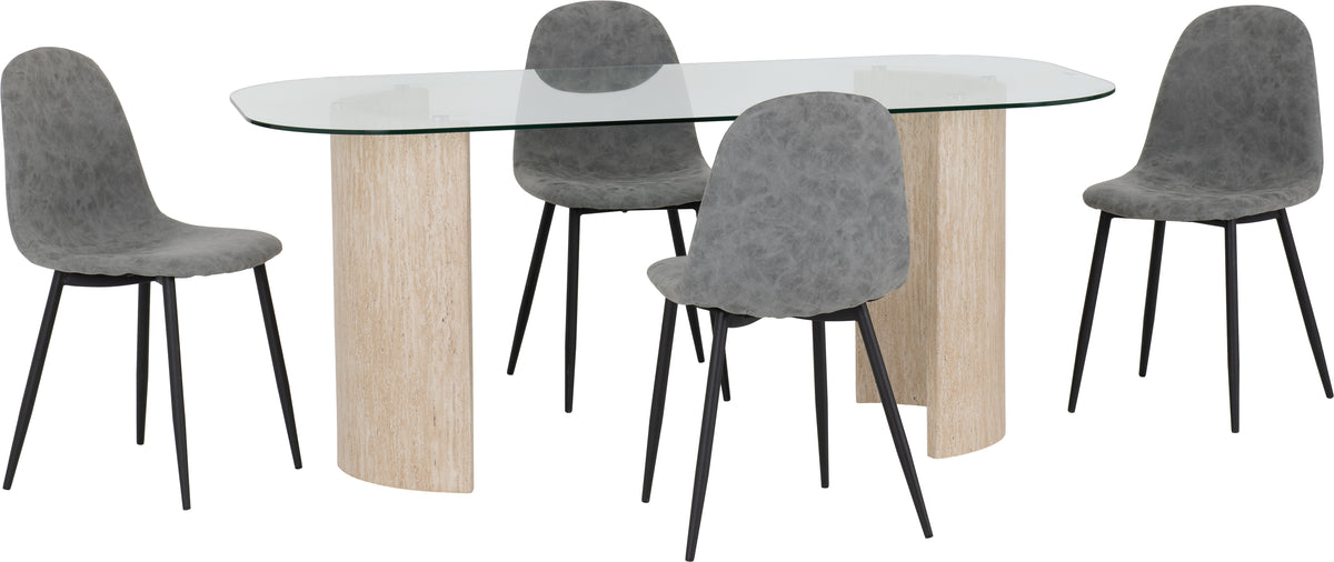 Modena Dining Set with Athens Chairs - Clear Glass/Cream Marble Effect/Grey Faux Leather