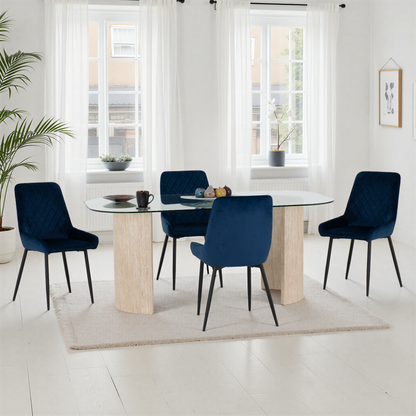 Modena Dining Set with Avery Chairs - Clear Glass/Cream Marble Effect/Sapphire Blue Velvet