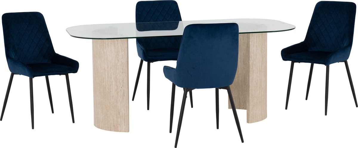 Modena Dining Set with Avery Chairs - Clear Glass/Cream Marble Effect/Sapphire Blue Velvet