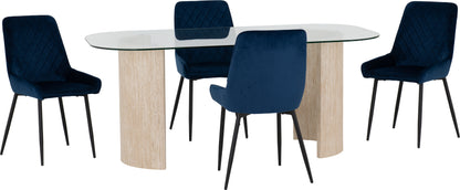 Modena Dining Set with Avery Chairs - Clear Glass/Cream Marble Effect/Sapphire Blue Velvet