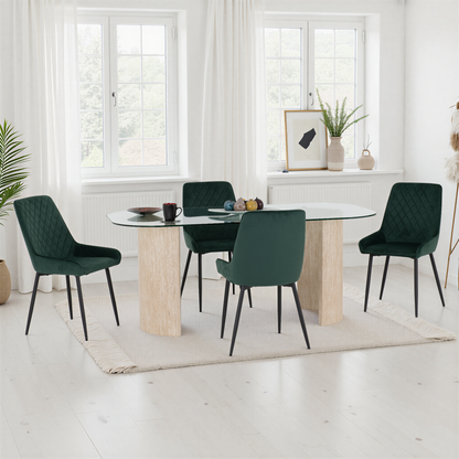 Modena Dining Set with Avery Chairs - Clear Glass/Cream Marble Effect/Emerald Green Velvet