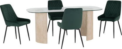 Modena Dining Set with Avery Chairs - Clear Glass/Cream Marble Effect/Emerald Green Velvet
