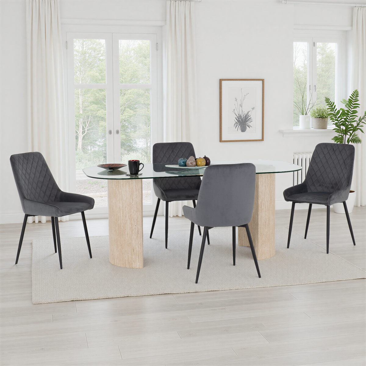 Modena Dining Set with Avery Chairs - Clear Glass/Cream Marble Effect/Grey Velvet