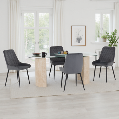 Modena Dining Set with Avery Chairs - Clear Glass/Cream Marble Effect/Grey Velvet