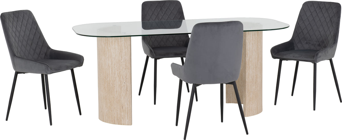 Modena Dining Set with Avery Chairs - Clear Glass/Cream Marble Effect/Grey Velvet