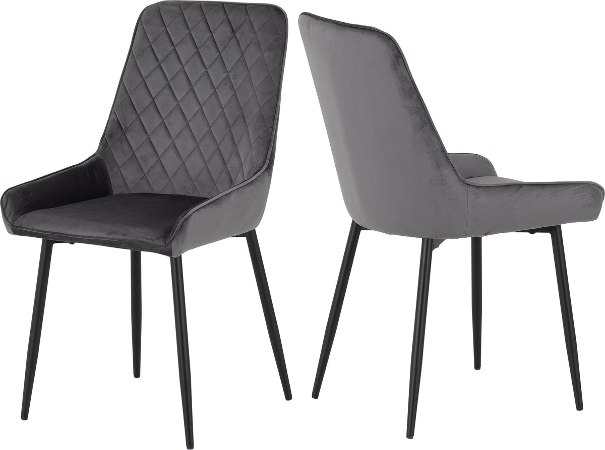 Modena Dining Set with Avery Chairs - Clear Glass/Cream Marble Effect/Grey Velvet