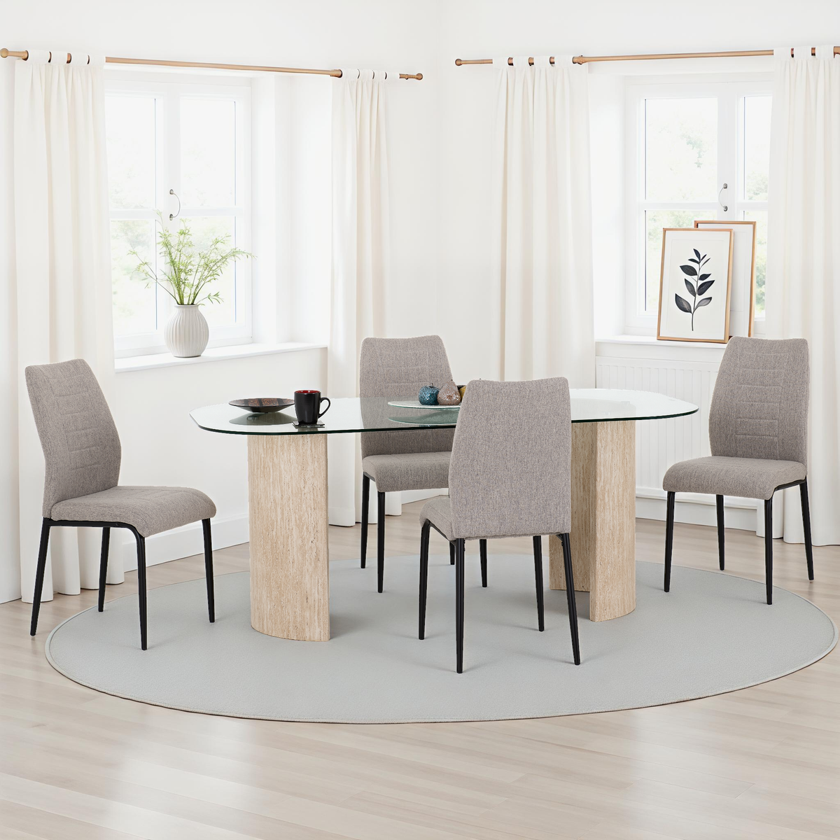 Modena Dining Set with Chilton Chairs - Clear Glass/Cream Marble Effect/Grey Fabric