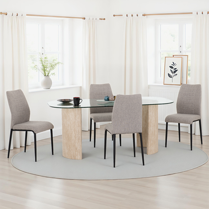 Modena Dining Set with Chilton Chairs - Clear Glass/Cream Marble Effect/Grey Fabric