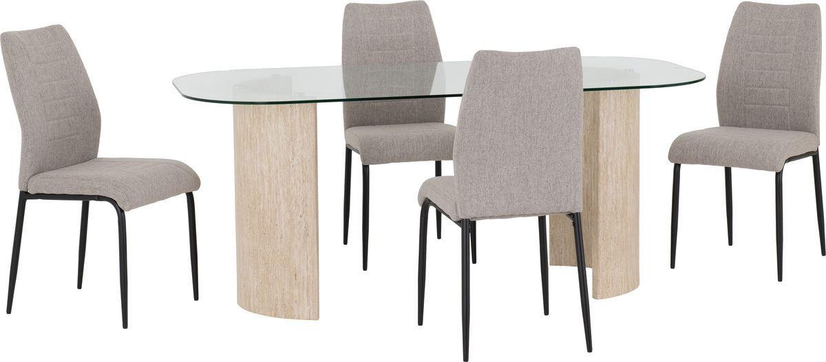 Modena Dining Set with Chilton Chairs - Clear Glass/Cream Marble Effect/Grey Fabric
