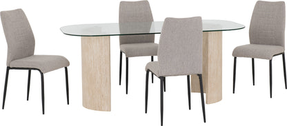 Modena Dining Set with Chilton Chairs - Clear Glass/Cream Marble Effect/Grey Fabric