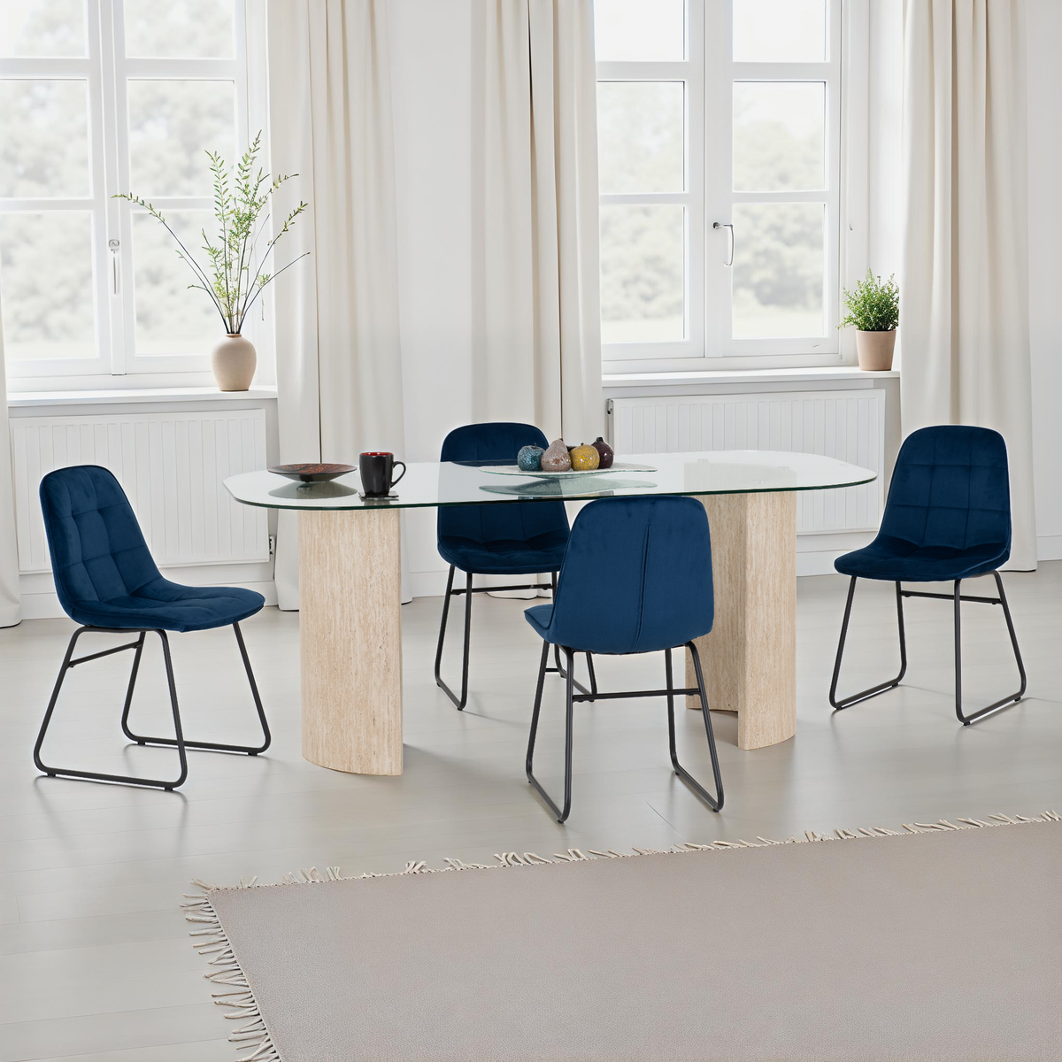 Modena Dining Set with Lukas Chairs - Clear Glass/Cream Marble Effect/Sapphire Blue Velvet
