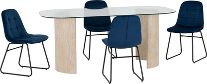 Modena Dining Set with Lukas Chairs - Clear Glass/Cream Marble Effect/Sapphire Blue Velvet