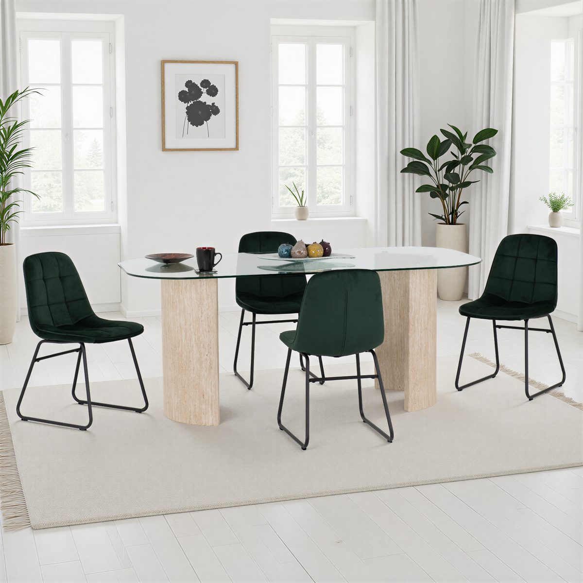 Modena Dining Set with Lukas Chairs - Clear Glass/Cream Marble Effect/Emerald Green Velvet