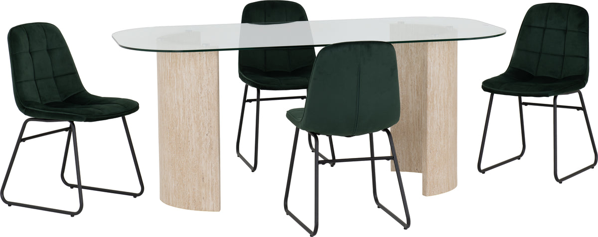 Modena Dining Set with Lukas Chairs - Clear Glass/Cream Marble Effect/Emerald Green Velvet