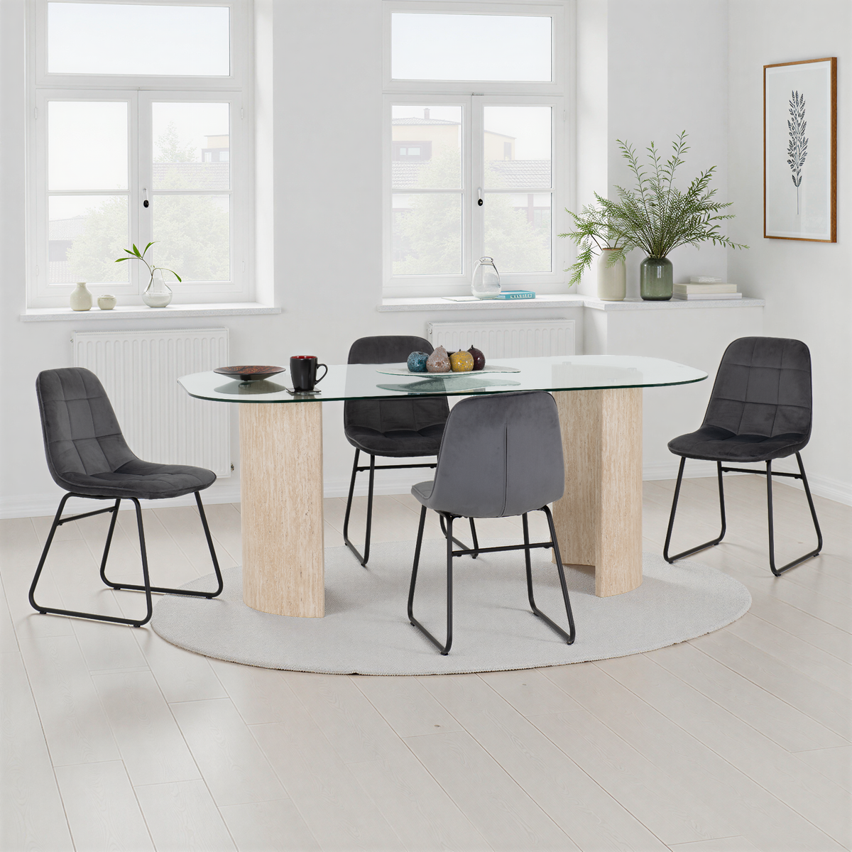 Modena Dining Set with Lukas Chairs - Clear Glass/Cream Marble Effect/Grey Velvet