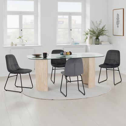 Modena Dining Set with Lukas Chairs - Clear Glass/Cream Marble Effect/Grey Velvet