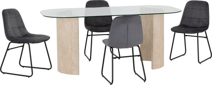 Modena Dining Set with Lukas Chairs - Clear Glass/Cream Marble Effect/Grey Velvet