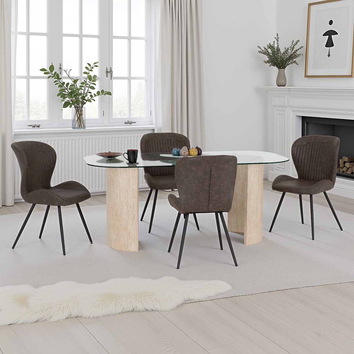 Modena Dining Set with Quebec Chairs - Clear Glass/Cream Marble Effect/Brown Faux Leather