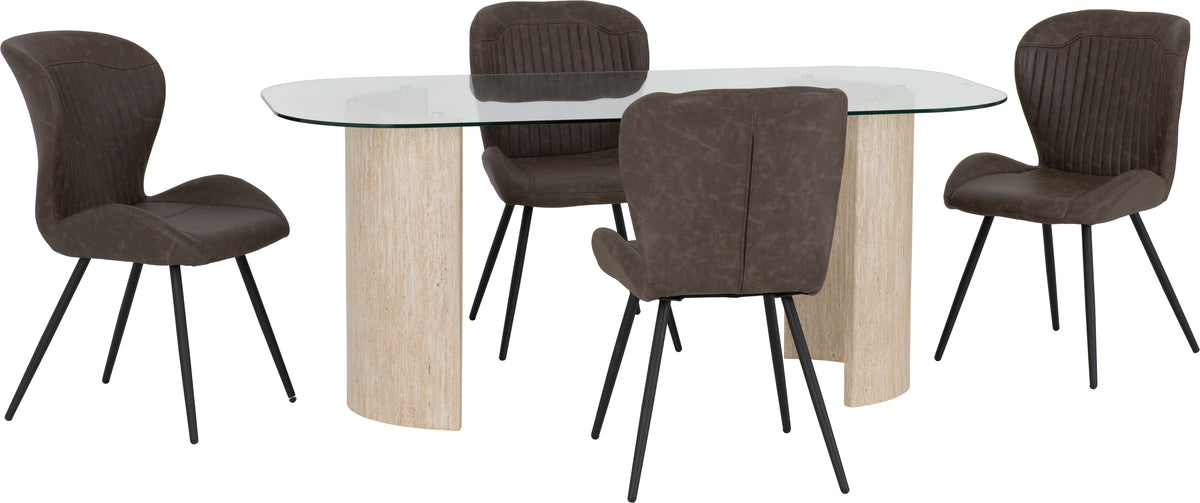 Modena Dining Set with Quebec Chairs - Clear Glass/Cream Marble Effect/Brown Faux Leather