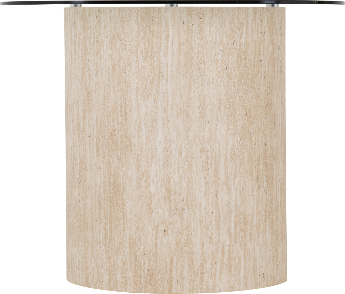 Modena Dining Set with Quebec Chairs - Clear Glass/Cream Marble Effect/Brown Faux Leather