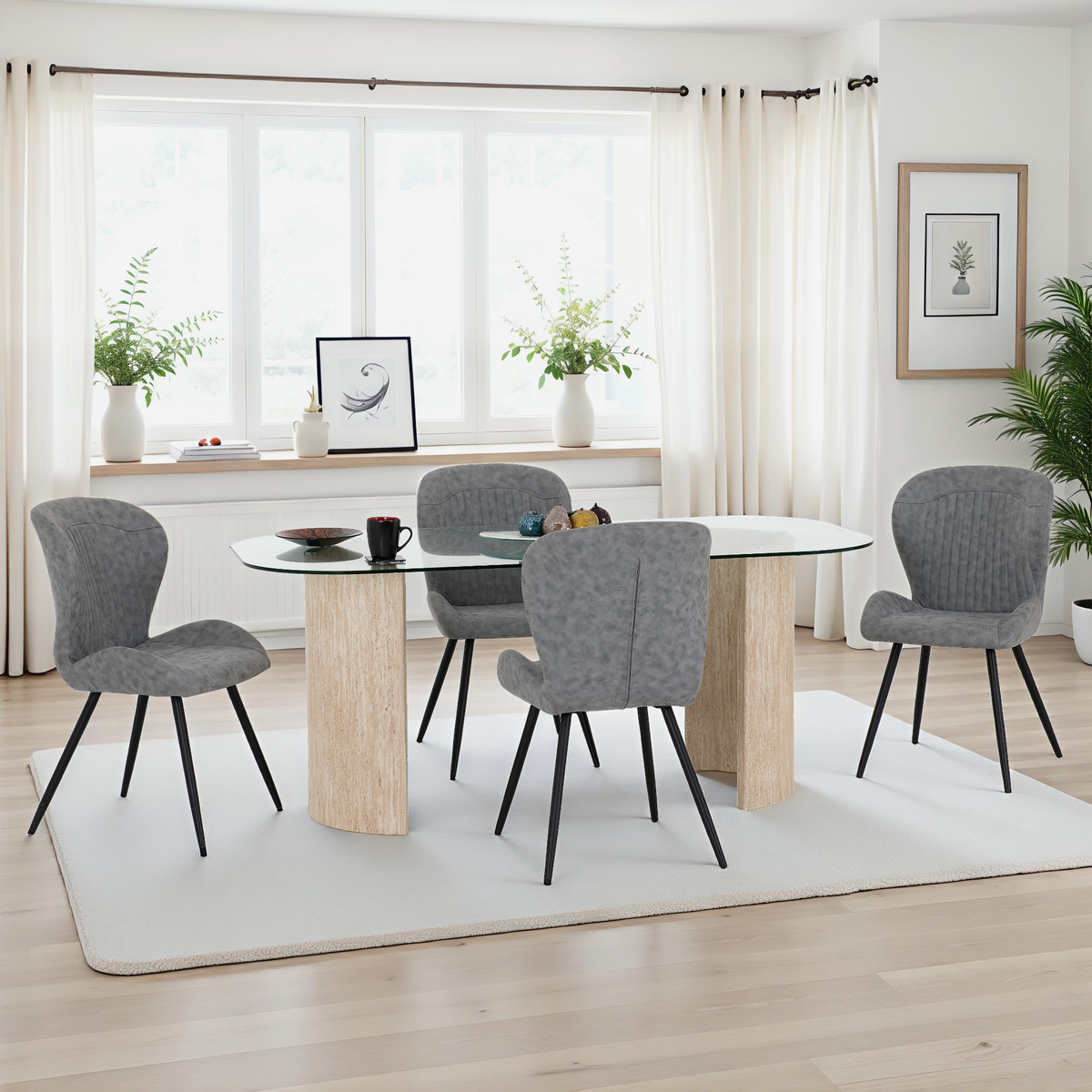 Modena Dining Set with Quebec Chairs - Clear Glass/Cream Marble Effect/Grey Faux Leather