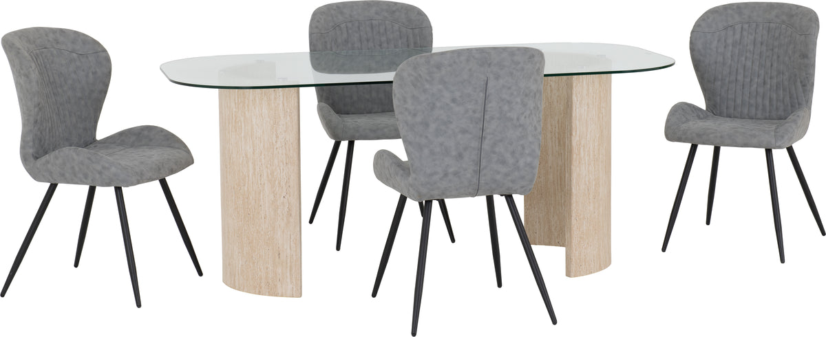 Modena Dining Set with Quebec Chairs - Clear Glass/Cream Marble Effect/Grey Faux Leather