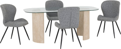 Modena Dining Set with Quebec Chairs - Clear Glass/Cream Marble Effect/Grey Faux Leather