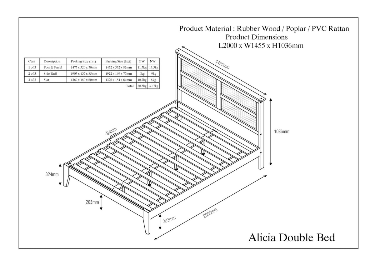 Alicia Wooden Rattan Bed Oak