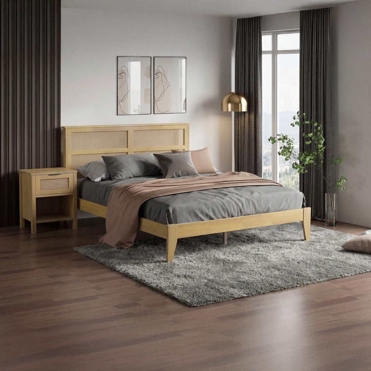 Alicia Wooden Rattan Bed Oak