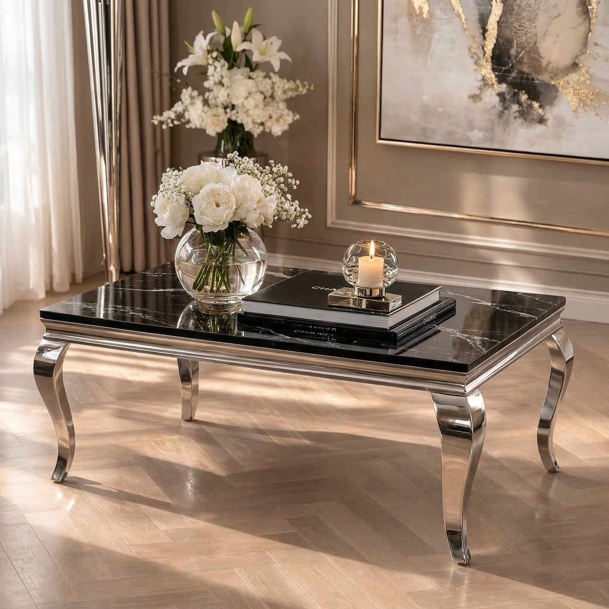 Arriana Marble Coffee Table with Stainless Steel Base
