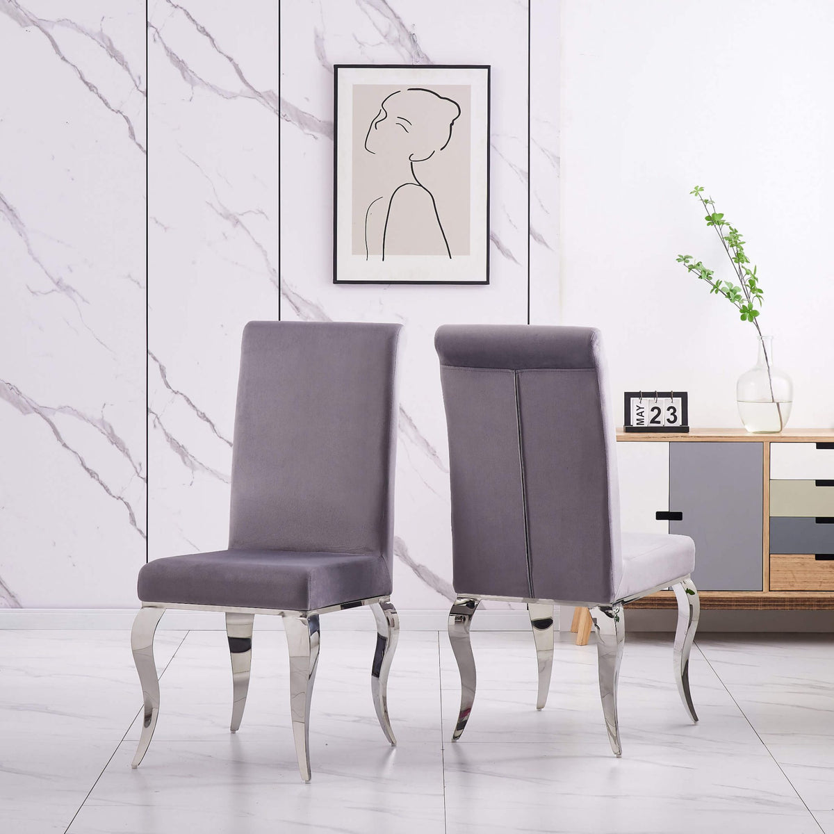 Atlanta Velvet Fabric Dining Chair Grey & Silver (2s) - Grey, Silver (Set of 2)