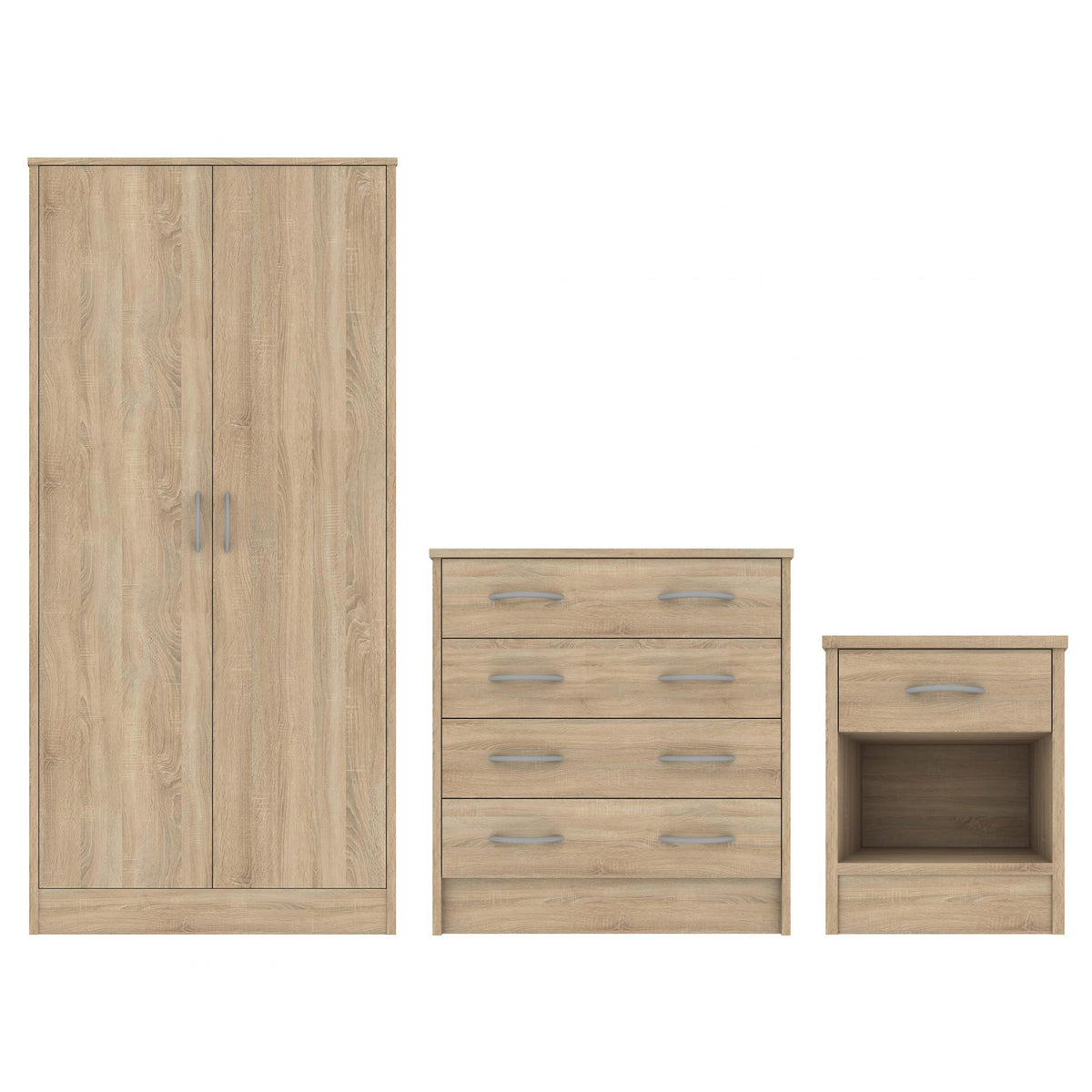 Bardalona Trio Wardrobe, Chest & Bedside - Oak Effect