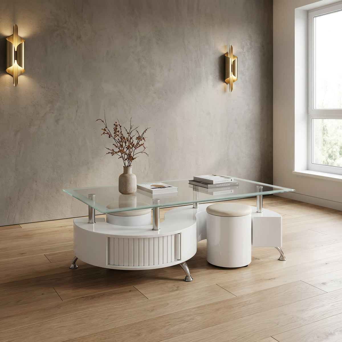 Boule White High Gloss Coffee Table with White Border Glass