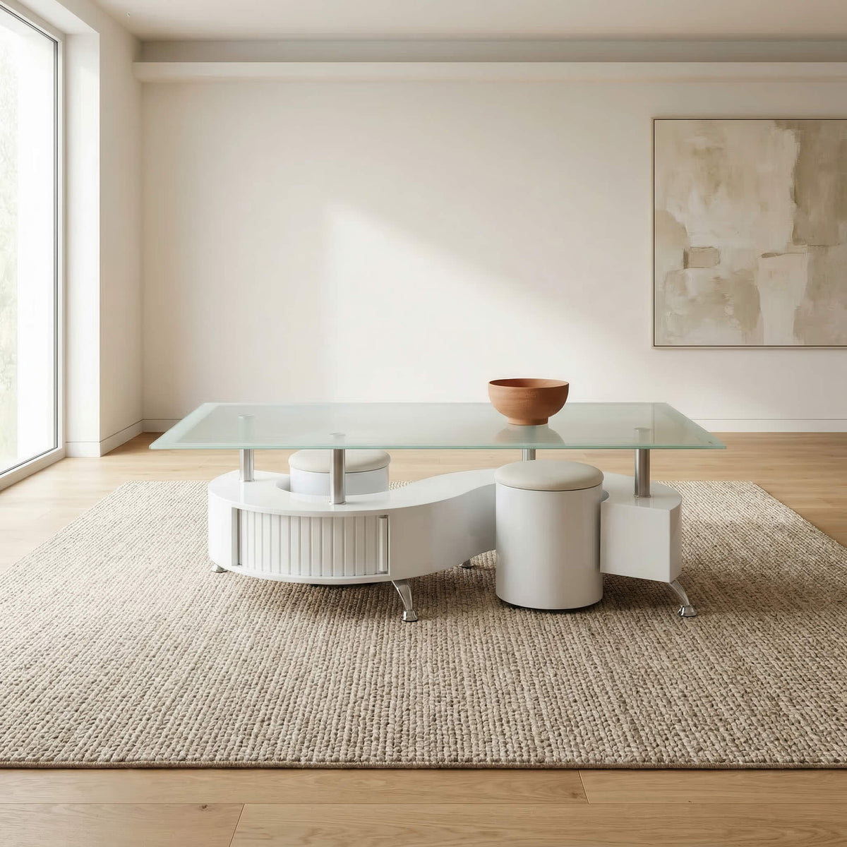 Boule White High Gloss Coffee Table with White Border Glass