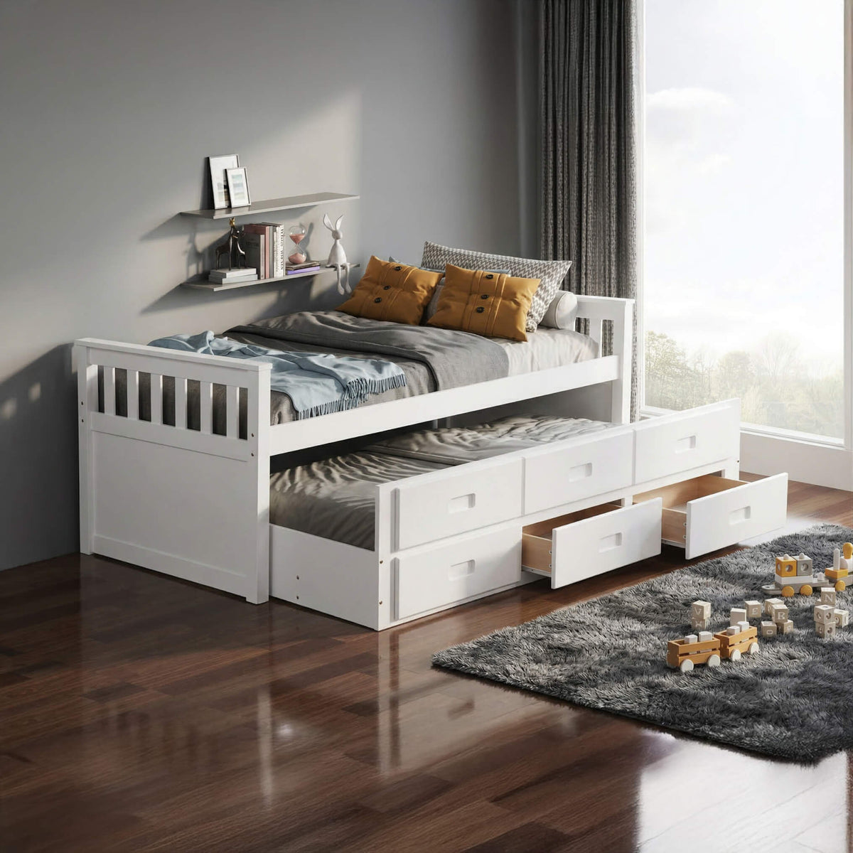 Captains Single Bed with Storage & Sleeper - White