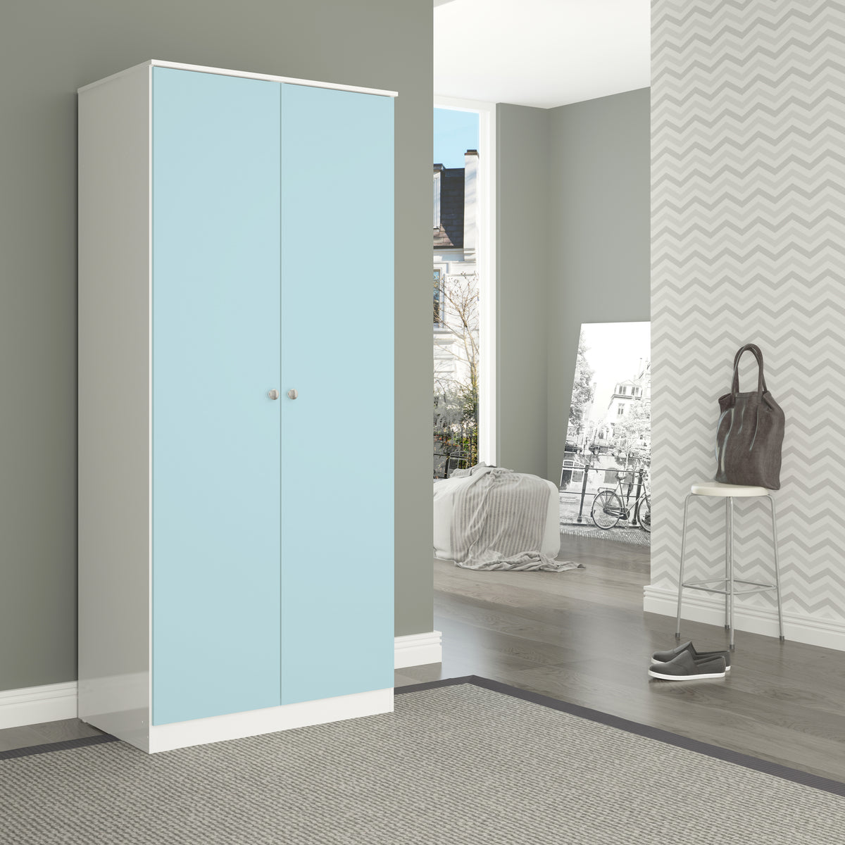 Denver 2 Door Wardrobe - White/Blue Gloss