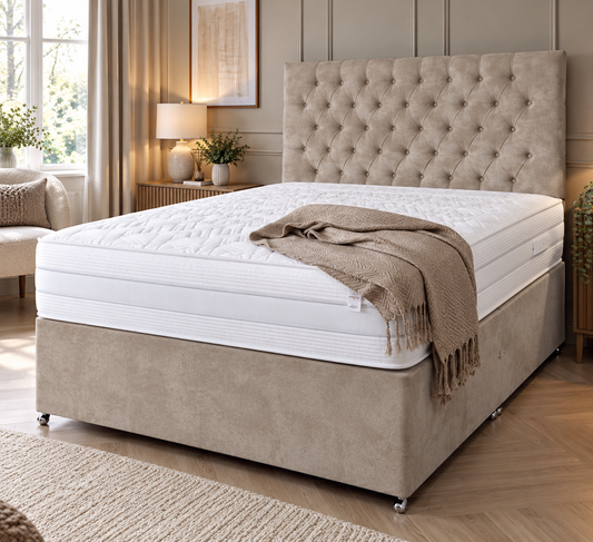 Monarch Mink bed with tufted headboard