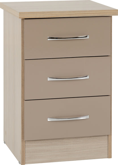 Nevada 3 Drawer Bedside - Oyster Gloss/Light Oak Effect Veneer