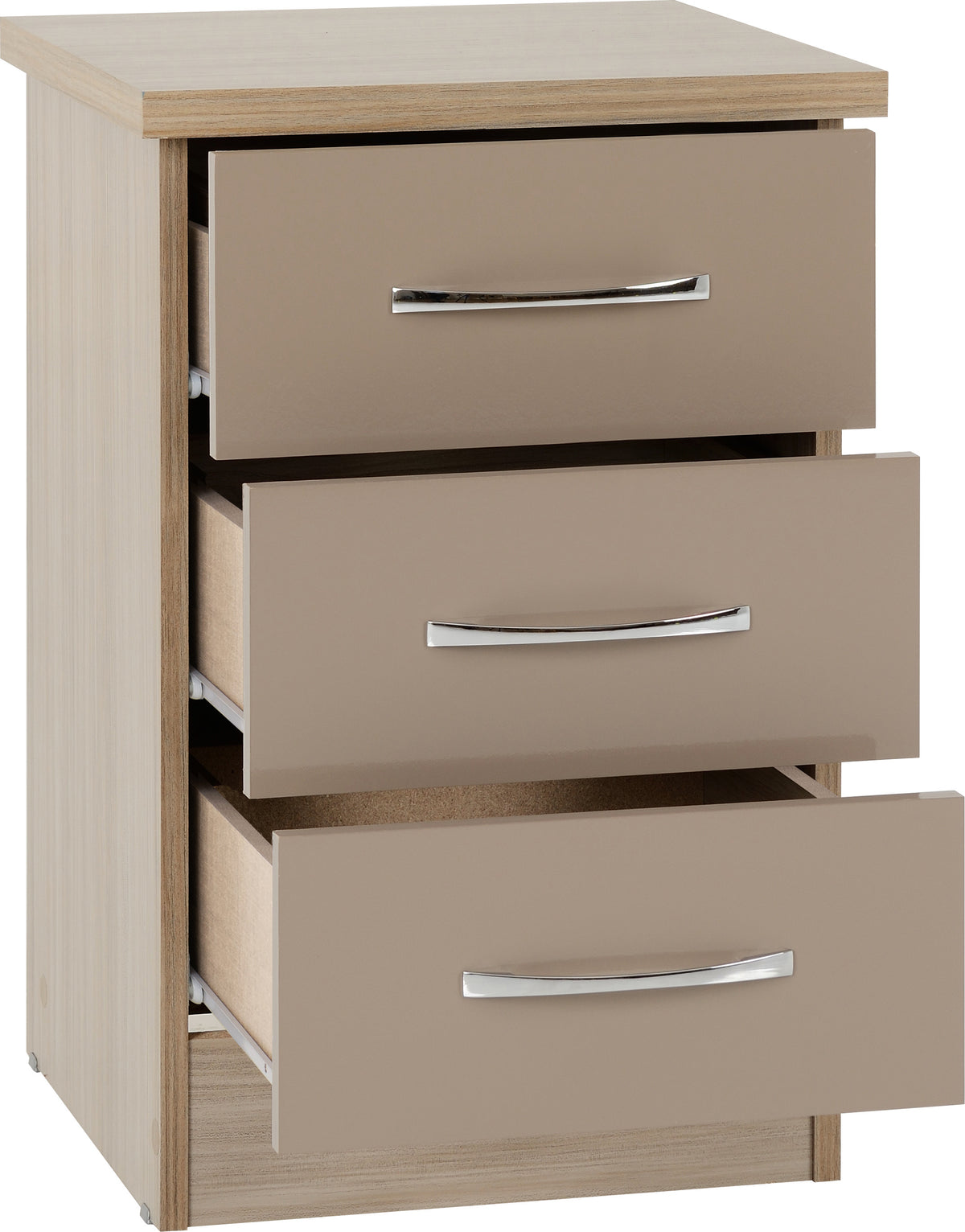 Nevada 3 Drawer Bedside - Oyster Gloss/Light Oak Effect Veneer