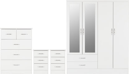 Nevada 4 Door 2 Drawer Mirrored Wardrobe Bedroom Set - White Gloss