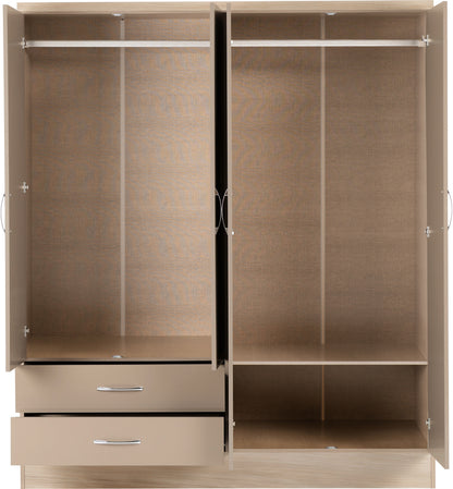 Nevada 4 Door 2 Drawer Mirrored Wardrobe - Oyster Gloss/Light Oak Effect Veneer