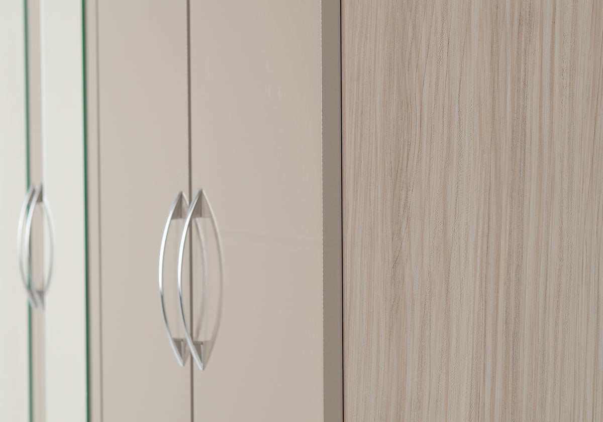 Nevada 4 Door 2 Drawer Mirrored Wardrobe - Oyster Gloss/Light Oak Effect Veneer